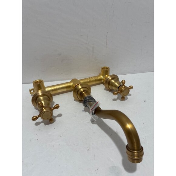 3PCS Gold Brass Bathroom Faucet Wall Mounted Mixer Dual Handles Vanity Tap NWOT - Picture 3 of 6